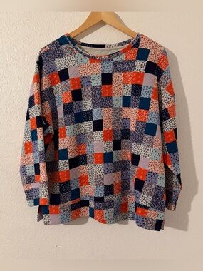 LANDS' END Patchwork Quilted Crewneck 3/4 Sleeve Jersey Sweater Size Large
